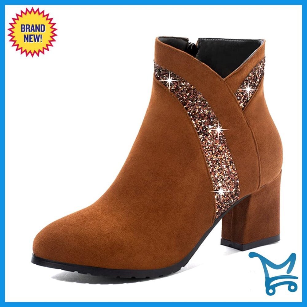 Glitter Ankle Boots Chunky Heel Side Zipper Round Toe Dressy Fashion